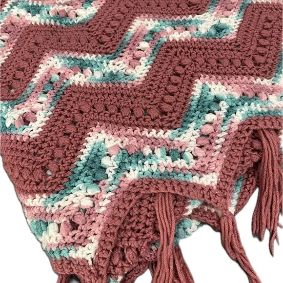 Handmade Chevron Crochet Blanket throw with Fringe 64x40”